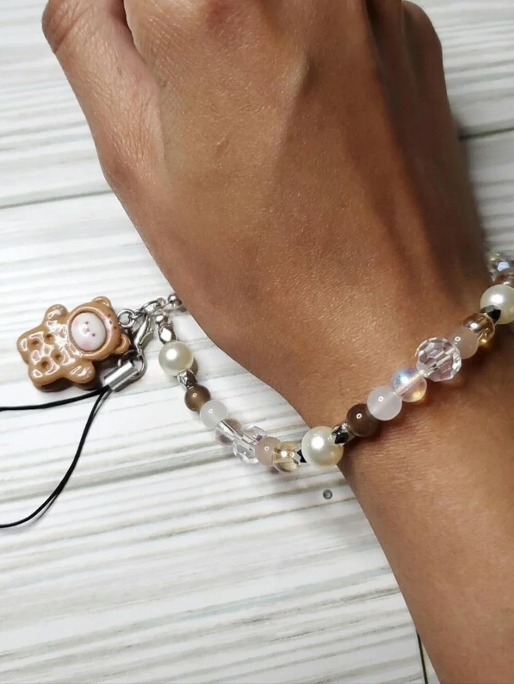 Y2K Kawaii Bear Biscuit Phone Charm | Brown Coquette Beaded Wristlet